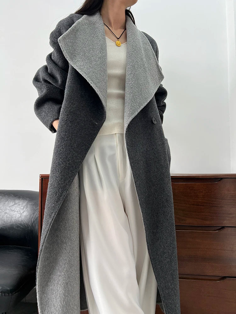 Wear It On Both Sides Lady Woolen Jackets 2024 Autumn And Winter Bathrobe Style Large Lapel Lace Up Tie Women's Long Wool Coats