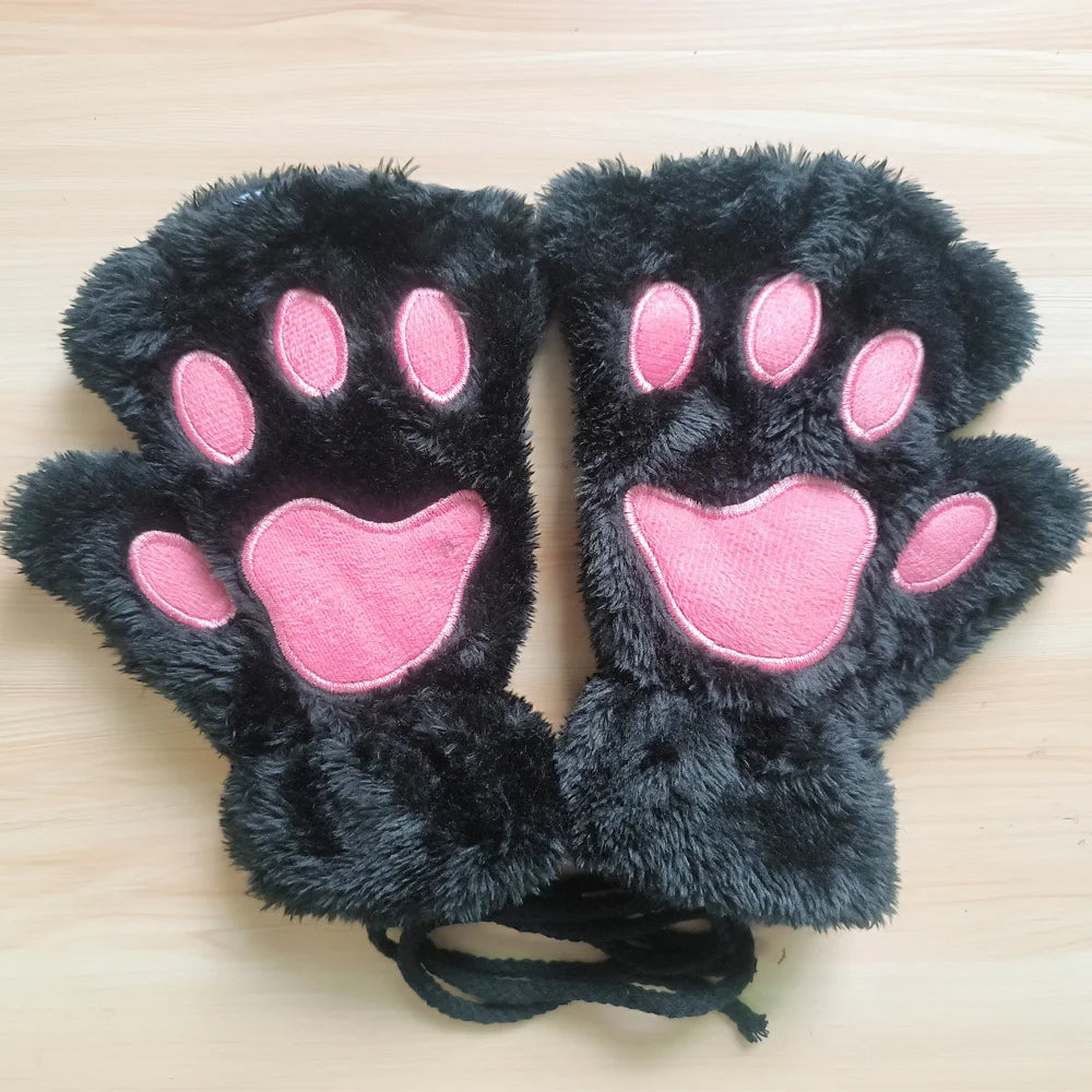 Lovely Plush Cat Claw Paw Gloves Plush Mittens Warm Soft Plush Short Fingerless Fluffy Bear Gloves Costume Half Finger Gloves