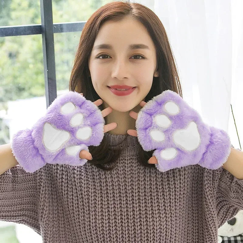 Kawaii Women Cat Gloves Fashion Girls Cat Claw Paw Plush Mittens Warm Soft Plush Short Fingerless HalfFinger Winter Thick Gloves