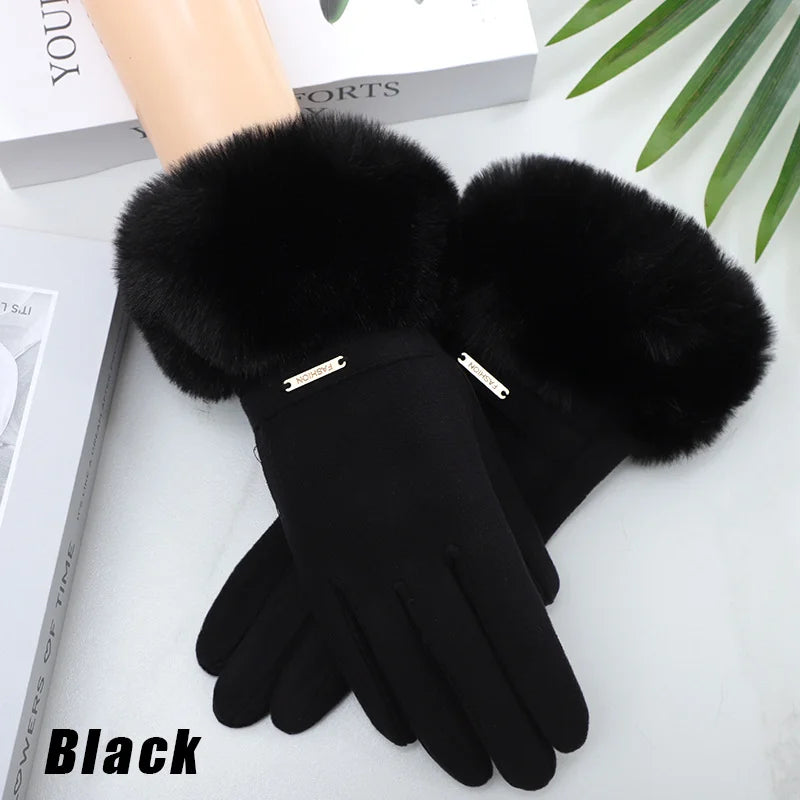 Women Touchscreen Gloves-Soft Double-Layered Faux Rabbit Fur For Ultimate Cold Weather Protection,Windproof,Water-Resistant