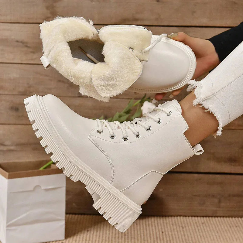 Pu Leather Warm Motorcycle Boots Women Lace-Up Plush Winter Ankle Boots Woman Balck Beige Flat Heel Non-Slip Cotton Botas Mujer