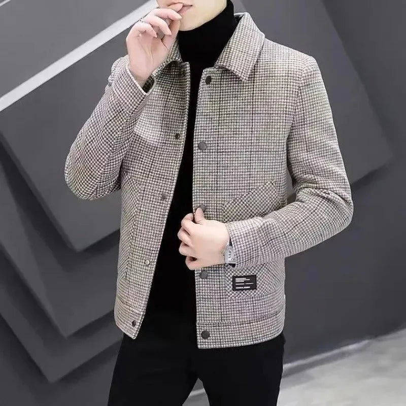 2024 New Trendy Plaid Jacket Men's Fashionable Versatile Top Lapel Trendy Casual Scene Men's Jacket