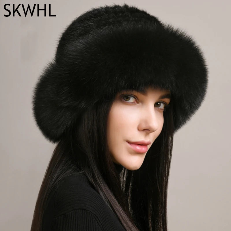 New Genuine Real Natural Knitted Mink Fur Hat Cap Luxury Women Handmade Knit Fashion Winter Headwear Warm Real Fox Fur Beanies