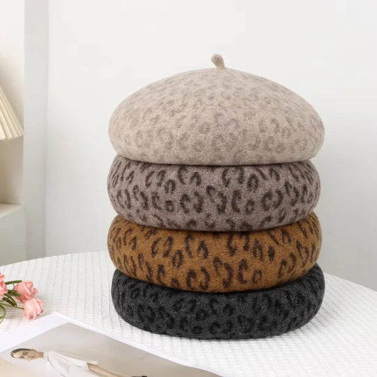 Autumn And Winter New Leopard Print Wool Beret Artist Hat Women's Fashionable Three-Dimensional Wool Bud Hat