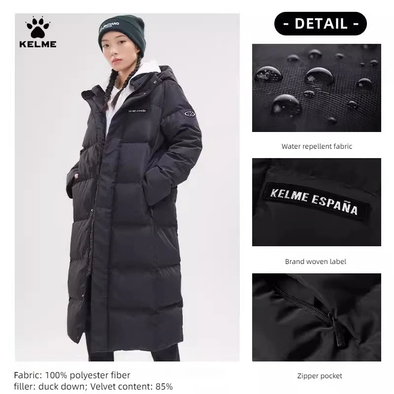 Kelme Long Down Men Winter Jacket Hooded Warm Windproof Couple Camping Equipment Paragraph Down Coat Jacket Women Утепленный