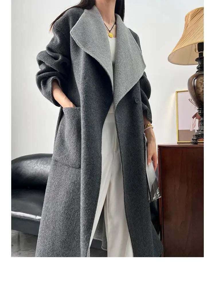 Wear It On Both Sides Lady Woolen Jackets 2024 Autumn And Winter Bathrobe Style Large Lapel Lace Up Tie Women's Long Wool Coats