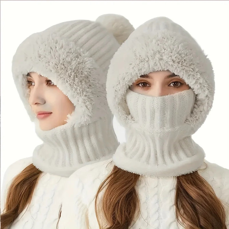 Winter Warm Cycling Hat Face Mask Cold-proof Thermal knitting Plush Balaclava Hat Hooded Neck Warmer Outdoor Hike Cycling Cap