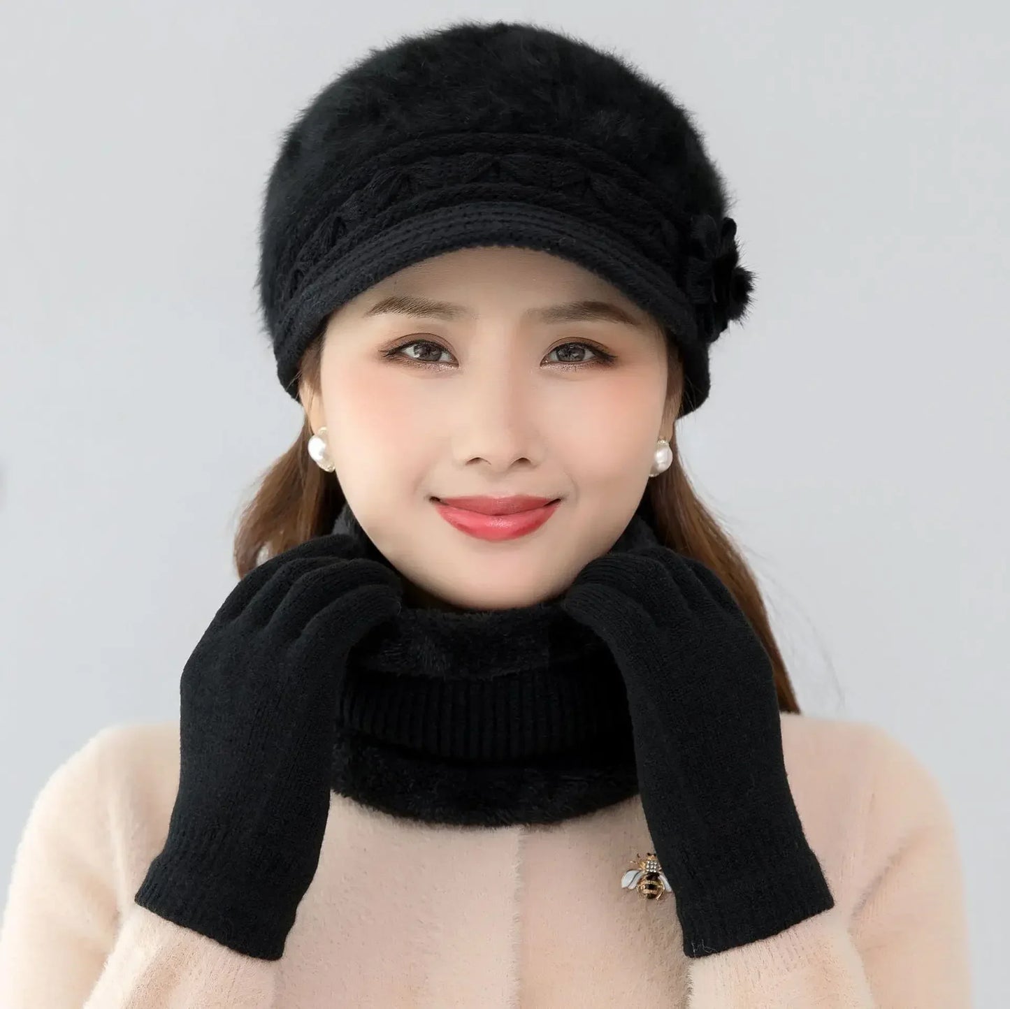 2024 Hot Women Winter Hat Keep Warm Cap Fur Lined Hat And Scarf Set Warm Hats For Female Casual Rabbit Fur Winter Knitted Hat