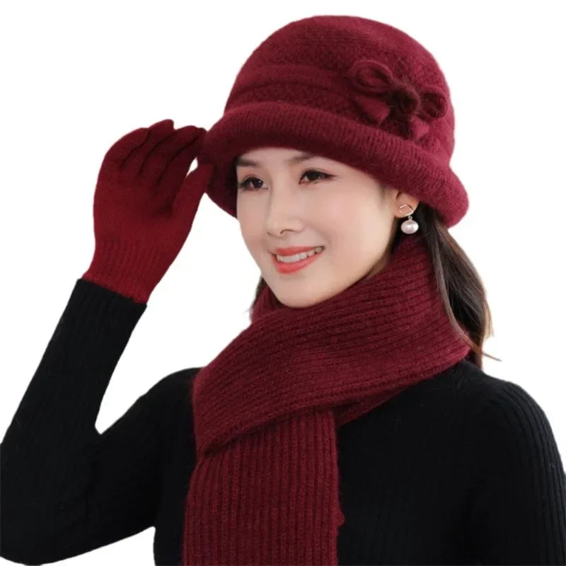 Autumn Winter Warm Fleece-Lined Knit Rabbit Hat Women's Thickened Scarf Bowl Hat Korean Trendy For Middle-Aged And Elderly