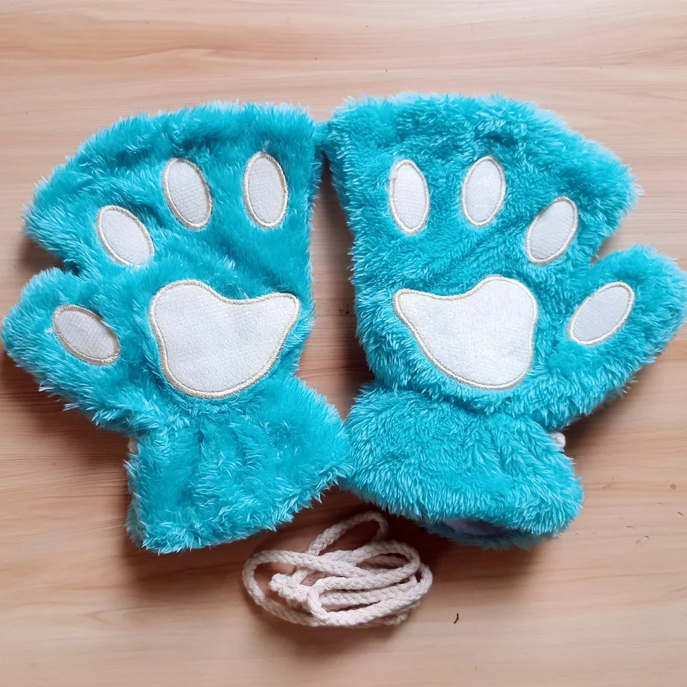 Lovely Plush Cat Claw Paw Gloves Plush Mittens Warm Soft Plush Short Fingerless Fluffy Bear Gloves Costume Half Finger Gloves