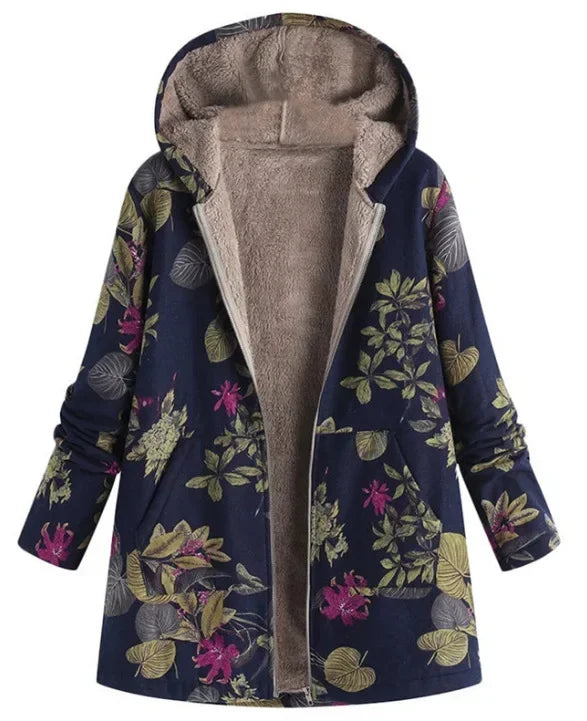 Women's Floral Jacket Large Size Warm Plush Retro Jacket Oversized Hooded Jacket Coats and Jackets Women Zip Hooded Coat