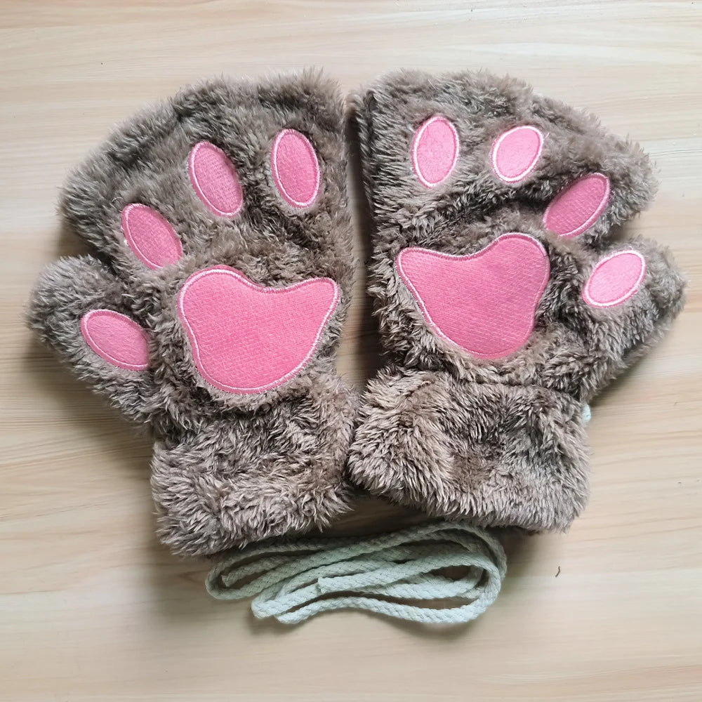 Lovely Plush Cat Claw Paw Gloves Plush Mittens Warm Soft Plush Short Fingerless Fluffy Bear Gloves Costume Half Finger Gloves