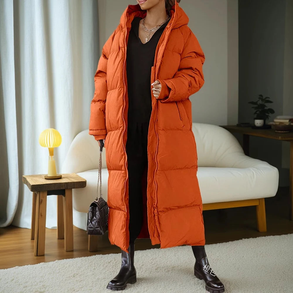 2025 Winter Solid Plus Size Hooded Long Coat Women Elegant Pocket Long Sleeve Jacket Lady Loose Large Zipper Thick Warm Outwear