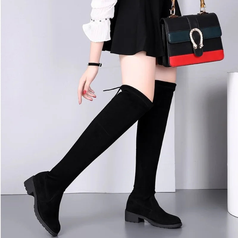 Women Boots Winter Black Over The Knee Boots 2024 New Comfort Lace Up Chunky High Heels Shoes Fashion Warm Suede Round Toe Boots