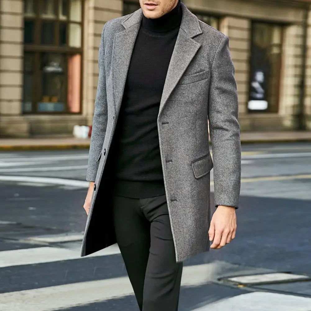 Button Closure Coat Solid Color Lapel Coat Stylish Men's Mid-length Winter Overcoat with Lapel Flap Pockets for Warmth