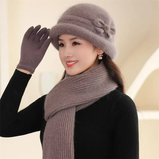 Autumn Winter Warm Fleece-Lined Knit Rabbit Hat Women's Thickened Scarf Bowl Hat Korean Trendy For Middle-Aged And Elderly