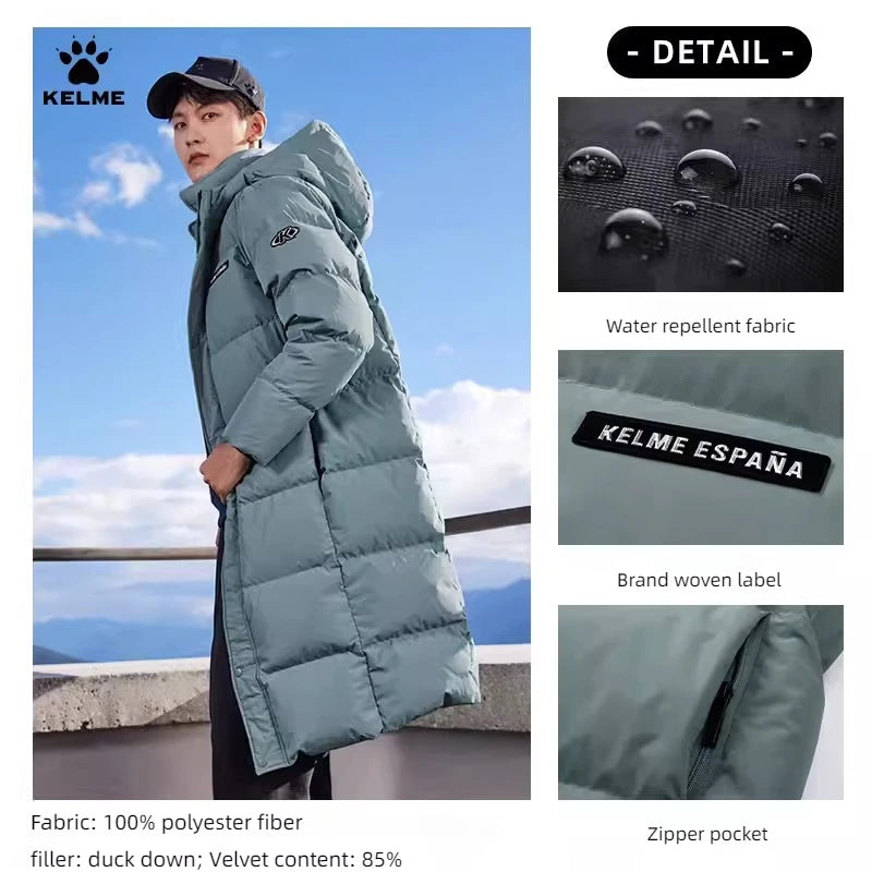 Kelme Long Down Men Winter Jacket Hooded Warm Windproof Couple Camping Equipment Paragraph Down Coat Jacket Women Утепленный