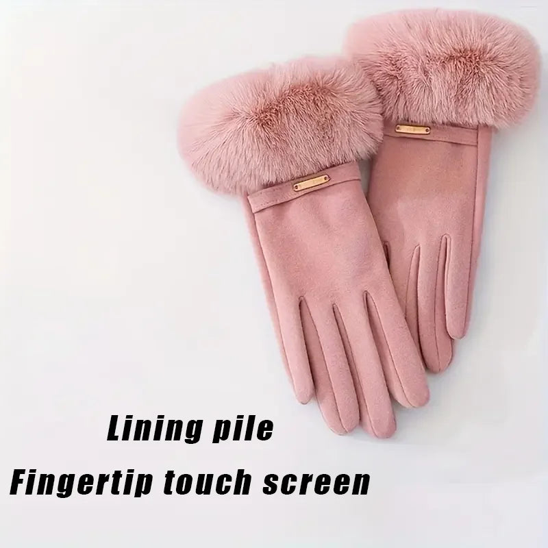 Women Touchscreen Gloves-Soft Double-Layered Faux Rabbit Fur For Ultimate Cold Weather Protection,Windproof,Water-Resistant