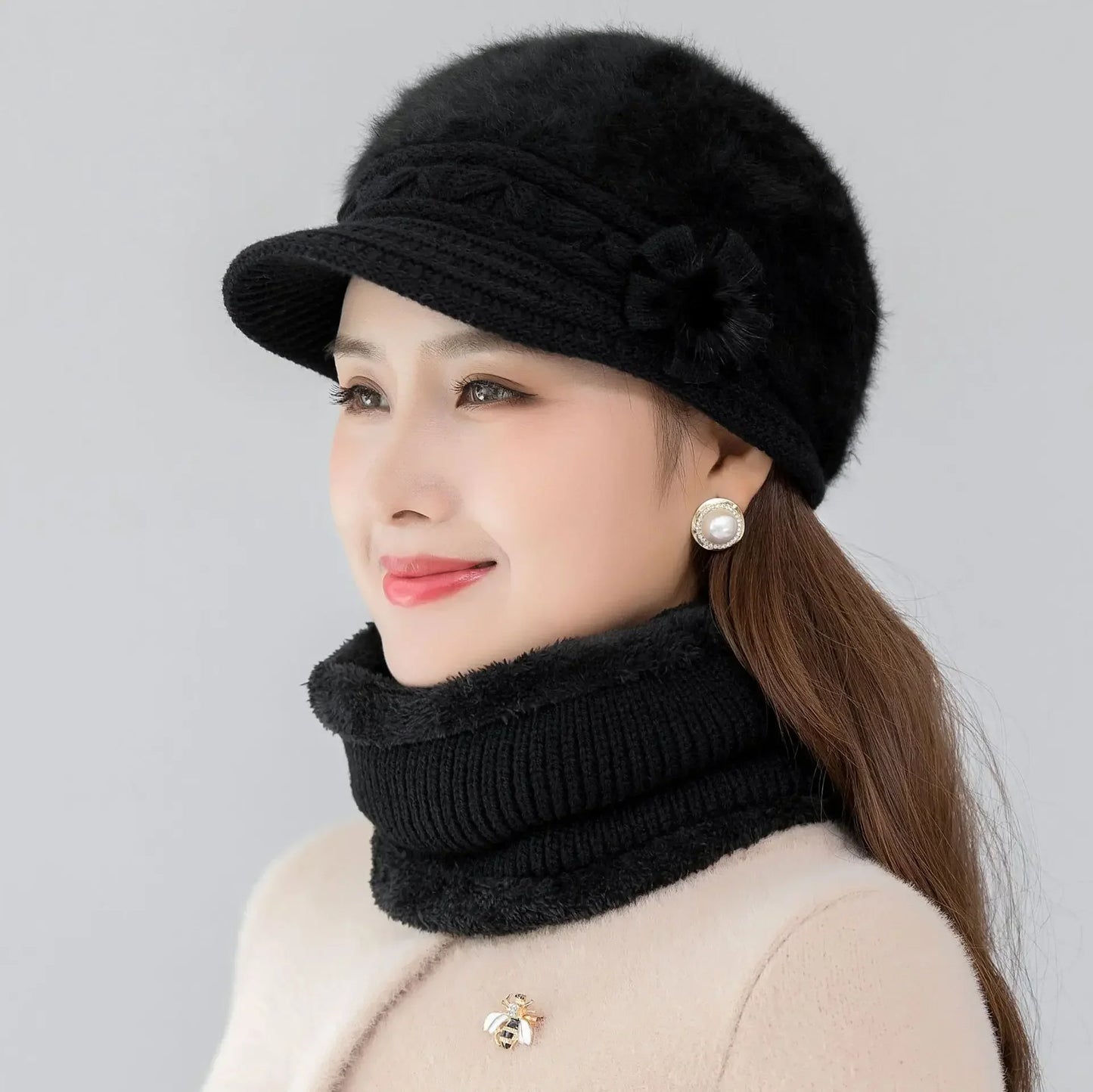 2024 Hot Women Winter Hat Keep Warm Cap Fur Lined Hat And Scarf Set Warm Hats For Female Casual Rabbit Fur Winter Knitted Hat