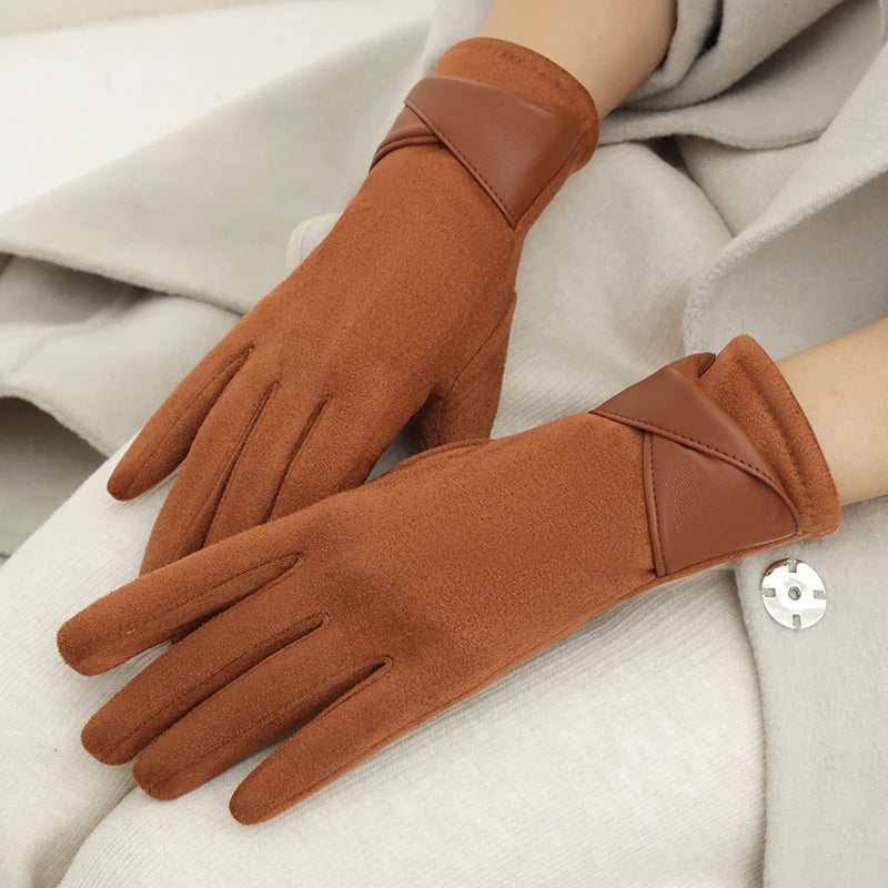 Warm Gloves with Velvet, Suitable for Women to Use in Winter, Touch Screen Elegant Bow Accessories, Cycling and Driving Gloves