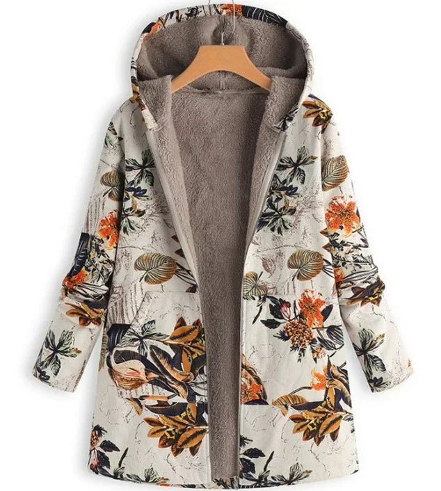 Women's Floral Jacket Large Size Warm Plush Retro Jacket Oversized Hooded Jacket Coats and Jackets Women Zip Hooded Coat