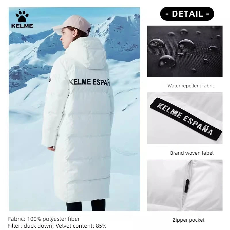 Kelme Long Down Men Winter Jacket Hooded Warm Windproof Couple Camping Equipment Paragraph Down Coat Jacket Women Утепленный