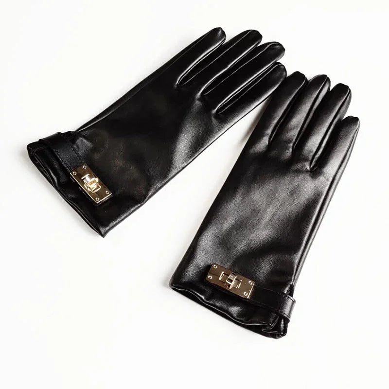 New Women's Ladies Real Leather Black Gloves Touch Screen Sheepskin Gloves With Lock Design