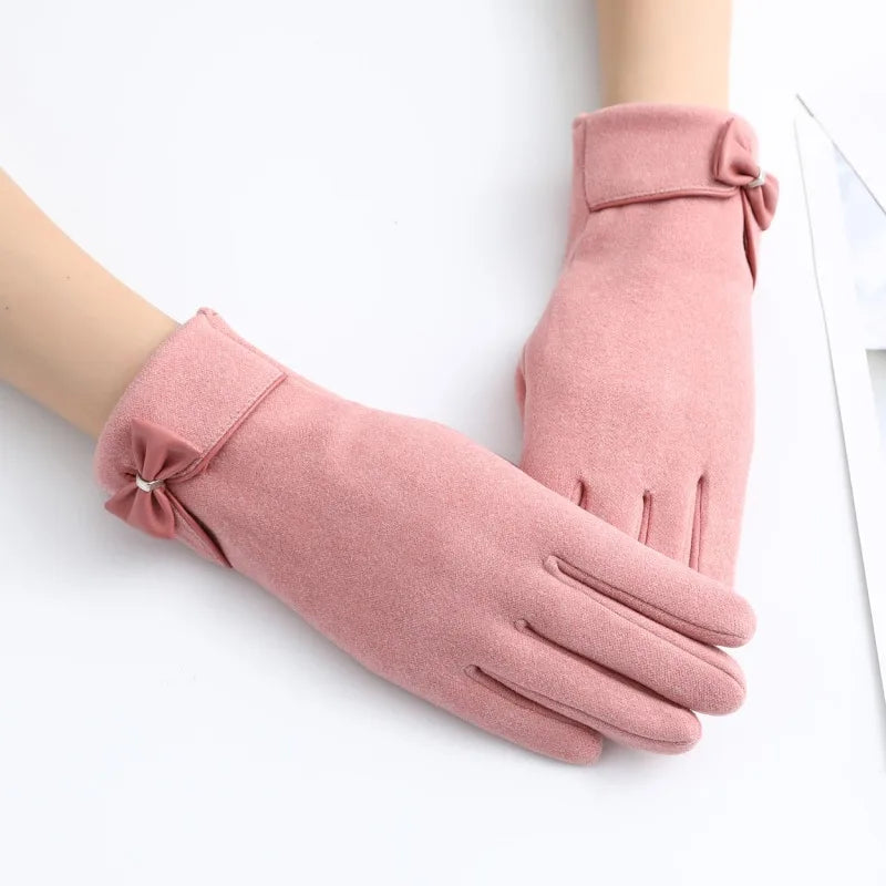 New Women Keep Warm Touch Screen Plus Velvet Inside Thicken Windproof Cycling Cute Lovely Bowknot Elegant Elasticity Soft Gloves