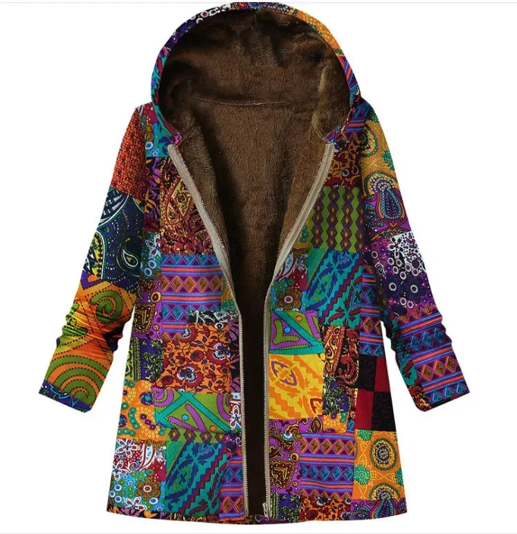 Women's Floral Jacket Large Size Warm Plush Retro Jacket Oversized Hooded Jacket Coats and Jackets Women Zip Hooded Coat