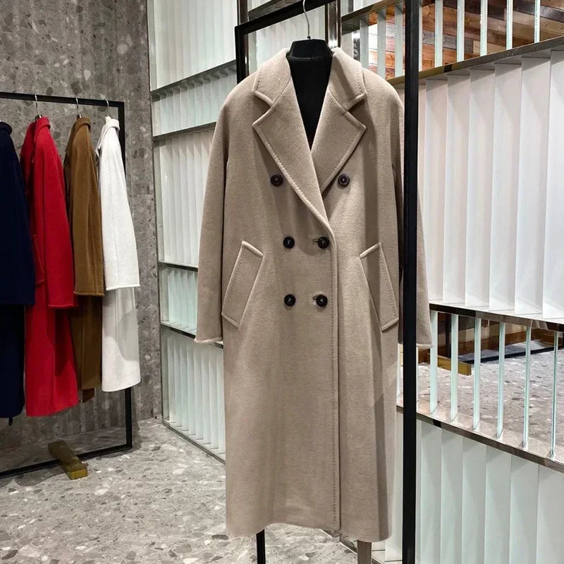 101801 90% Wool 10% Cashmere Coat Women's Medium Long Classic Double Row Button Wool Coat