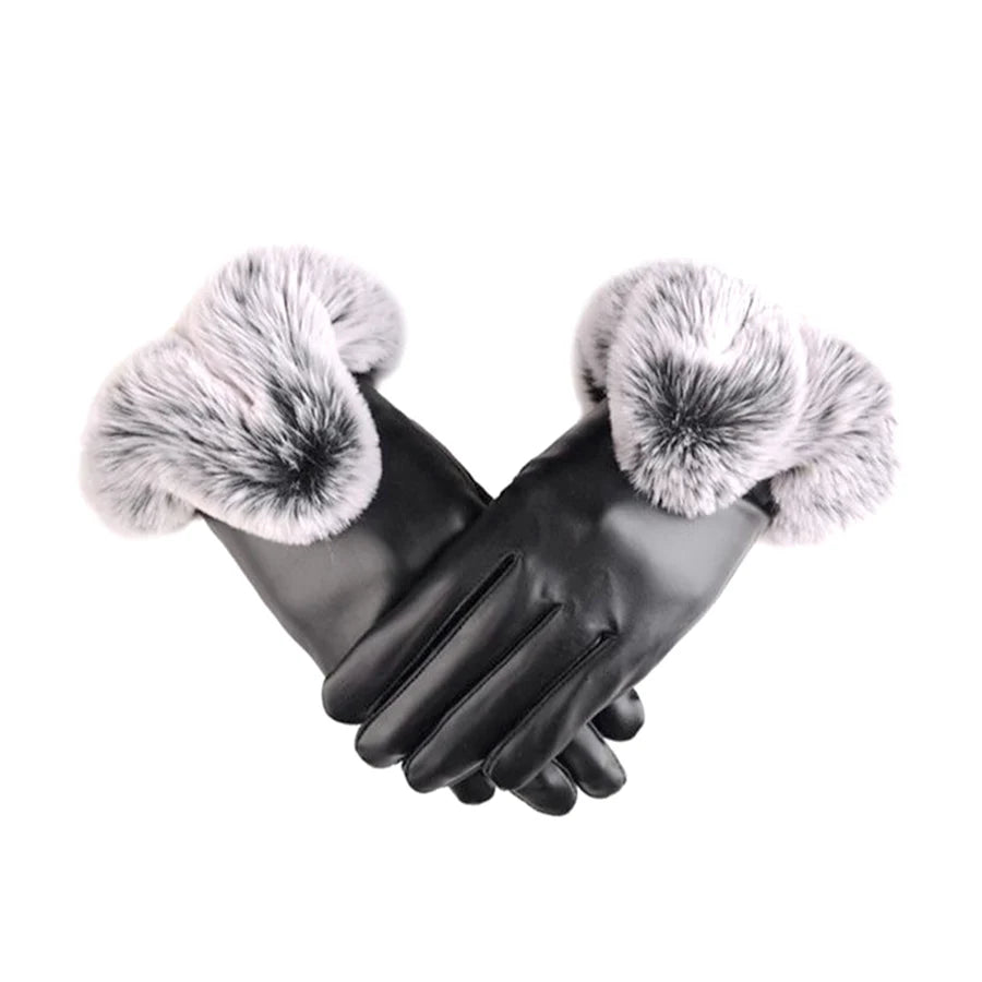 Fashion Winter Gloves Women Black Waterproof Faux PU Leather Cashmere Warm Gloves Driving Mittens Touch Screen Gloves