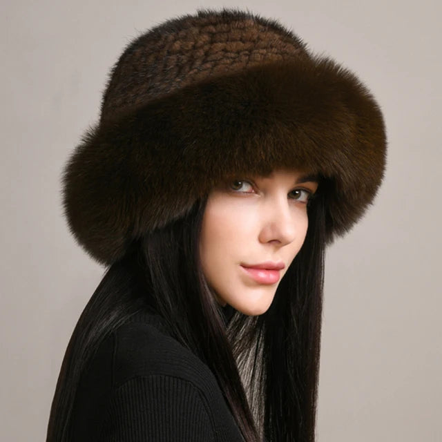 New Genuine Real Natural Knitted Mink Fur Hat Cap Luxury Women Handmade Knit Fashion Winter Headwear Warm Real Fox Fur Beanies