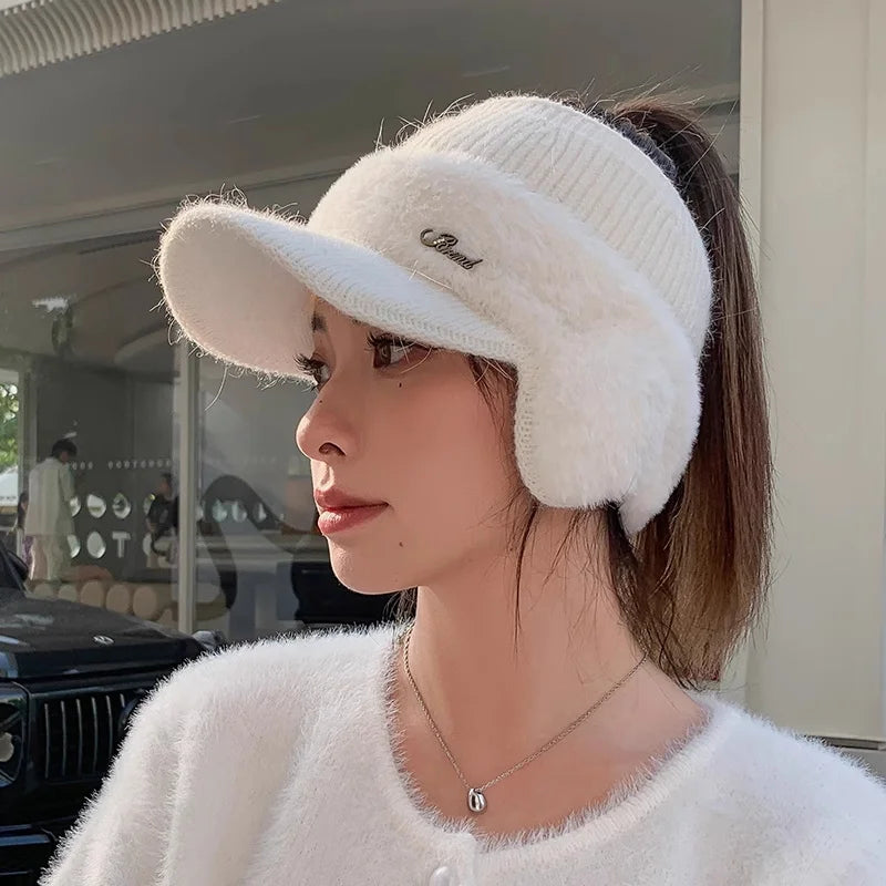 Winter Hat for Women 2024 New Fashion Winter Warm Ear Wing Knitted Cap Baseball Cap Outdoor Sports Windproof Ponytail Hat Visor