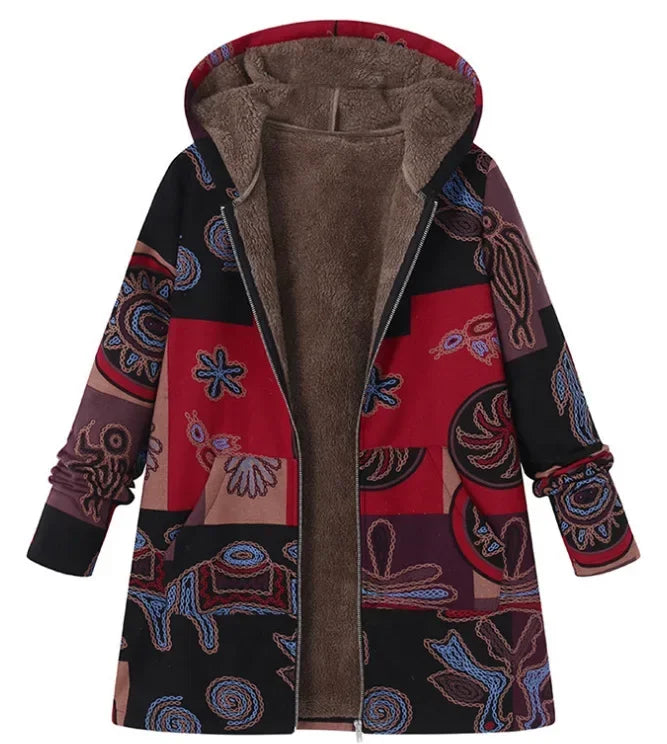 Women's Floral Jacket Large Size Warm Plush Retro Jacket Oversized Hooded Jacket Coats and Jackets Women Zip Hooded Coat