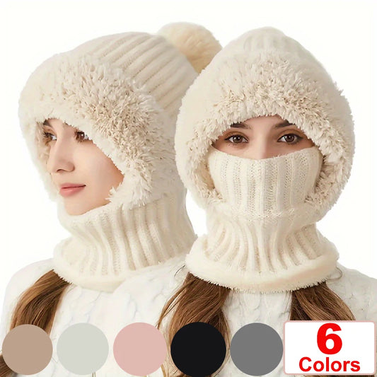 Winter Warm Cycling Hat Face Mask Cold-proof Thermal knitting Plush Balaclava Hat Hooded Neck Warmer Outdoor Hike Cycling Cap