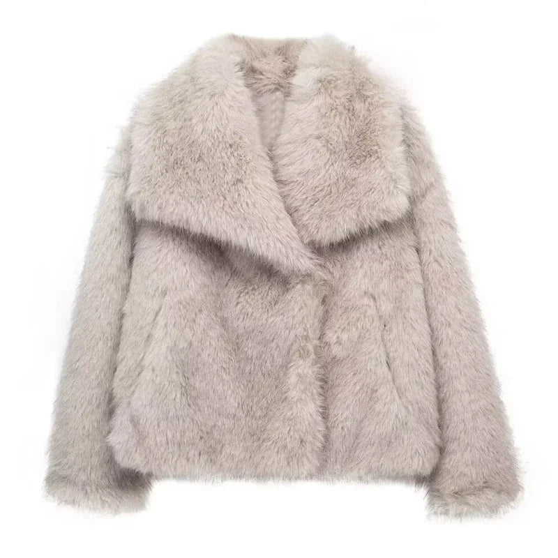 TRAF 2024 Woman Autumn Winter Faux Fur Coat Plush Fluffy Women's Jacket New in Outerwears White Red Gray Black Wool Blends Coats