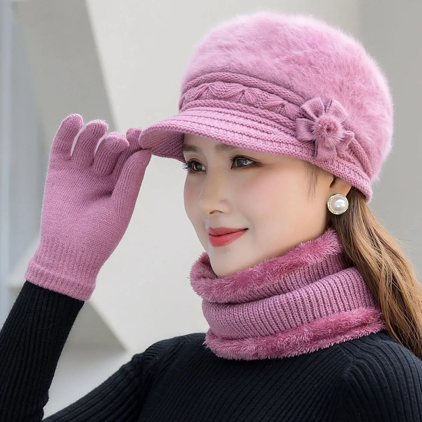 2024 Hot Women Winter Hat Keep Warm Cap Fur Lined Hat And Scarf Set Warm Hats For Female Casual Rabbit Fur Winter Knitted Hat