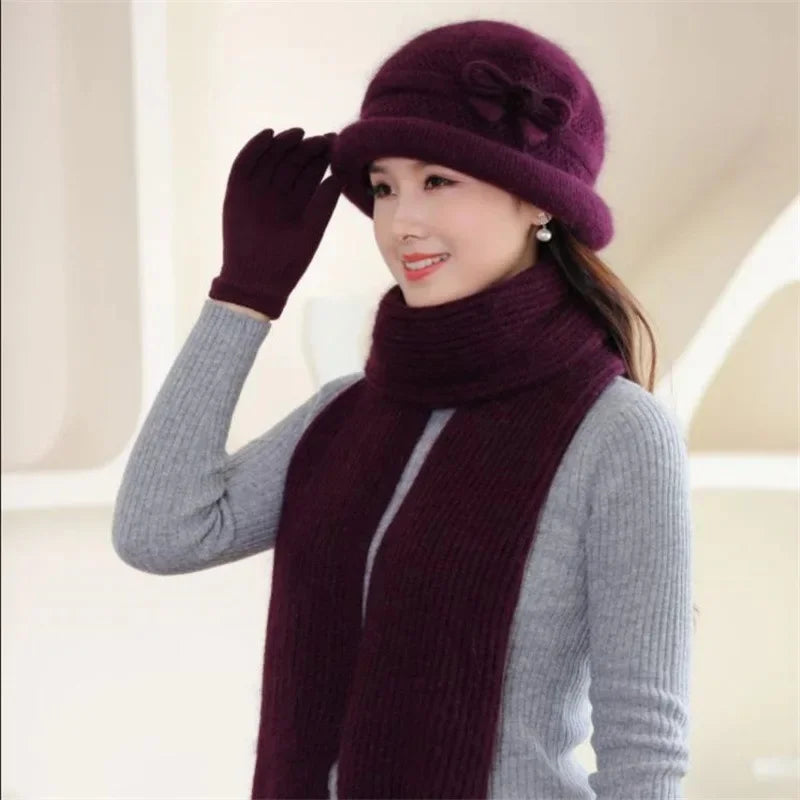 Autumn Winter Warm Fleece-Lined Knit Rabbit Hat Women's Thickened Scarf Bowl Hat Korean Trendy For Middle-Aged And Elderly