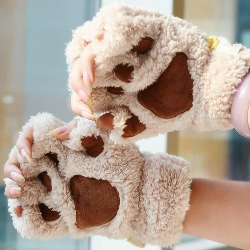 Lovely Plush Cat Claw Paw Gloves Plush Mittens Warm Soft Plush Short Fingerless Fluffy Bear Gloves Costume Half Finger Gloves