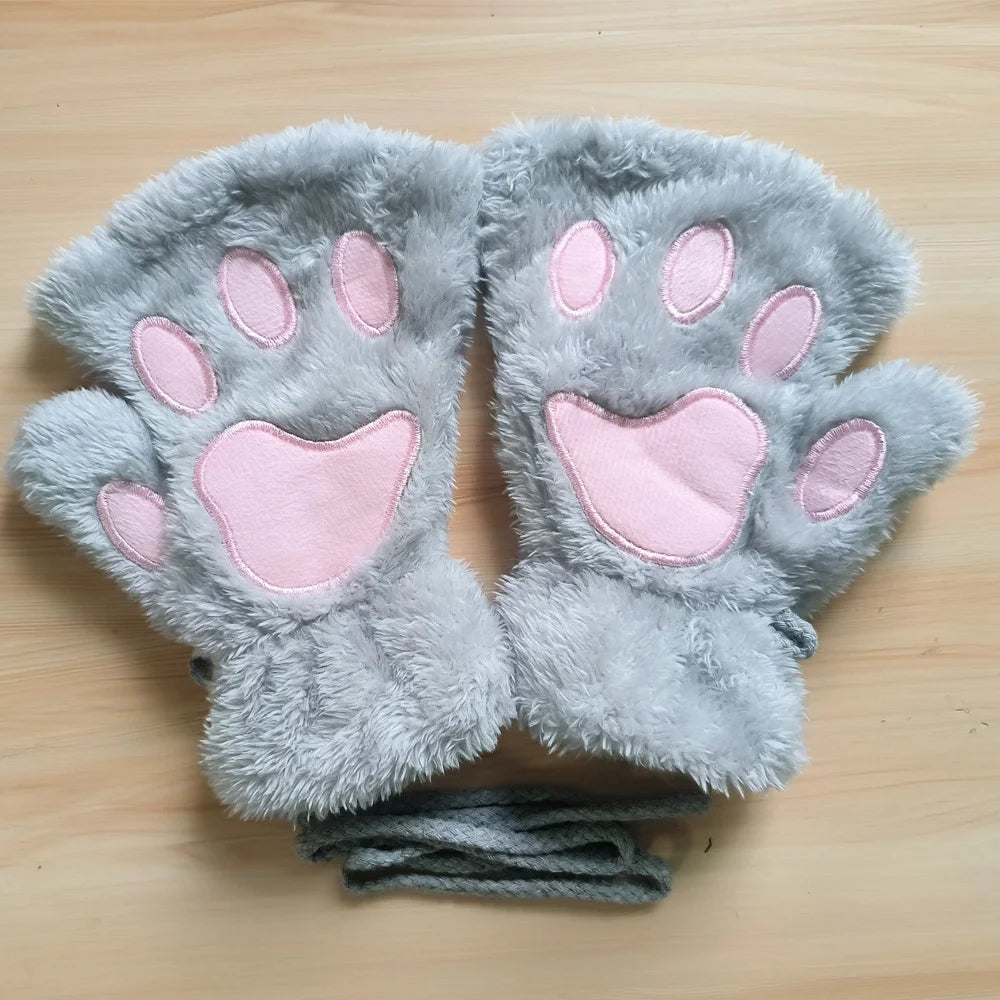 Lovely Plush Cat Claw Paw Gloves Plush Mittens Warm Soft Plush Short Fingerless Fluffy Bear Gloves Costume Half Finger Gloves