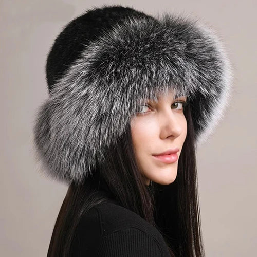 New Genuine Real Natural Knitted Mink Fur Hat Cap Luxury Women Handmade Knit Fashion Winter Headwear Warm Real Fox Fur Beanies