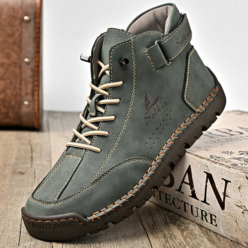 New 2024 Autumn Handmade Leather Men Boots Man Breathable Casual Leather Shoes Design Sneakers Men Ankle Boots Outdoor Boats