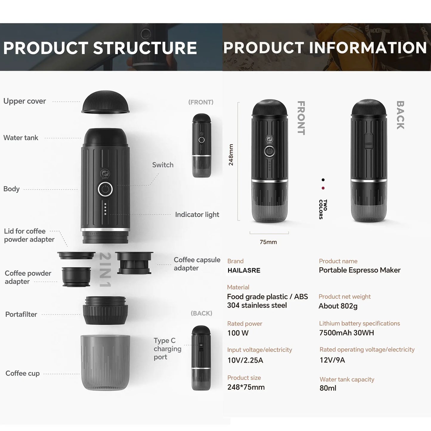 icafilas Portable Coffee Machine with Heating Function Car Expresso Maker TYPEC charging port Fit Nespresso Capsule and powder