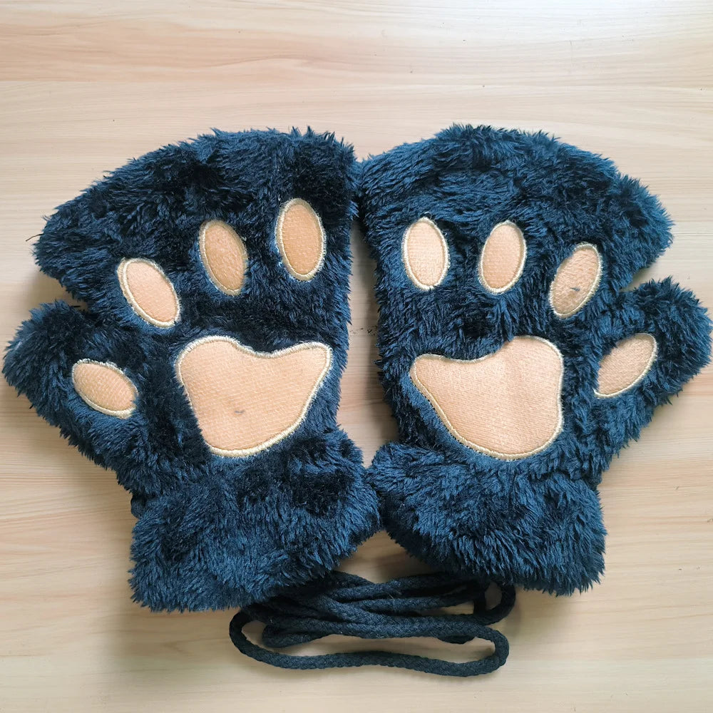 Lovely Plush Cat Claw Paw Gloves Plush Mittens Warm Soft Plush Short Fingerless Fluffy Bear Gloves Costume Half Finger Gloves