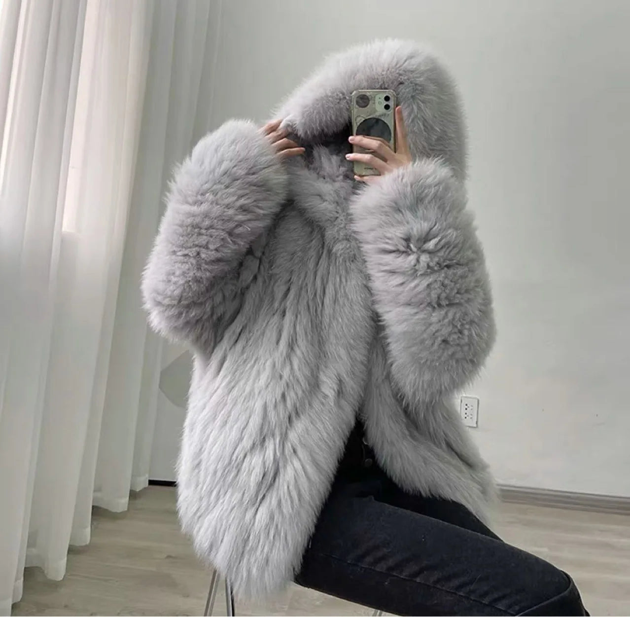 Autumn Winter Women Manual Double sided Weave Quality Real Fox Fur Coat 100% Natural Fur Jacket Loose Hooded New Streetwear