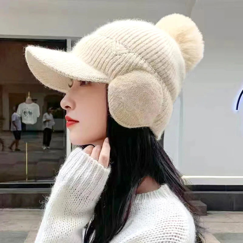 Knitted Earflap Hat Winter Warm For Women's Solid Color Pompom Ear Protection Baseball Cap Female Outdoor Cycling Earmuff Caps