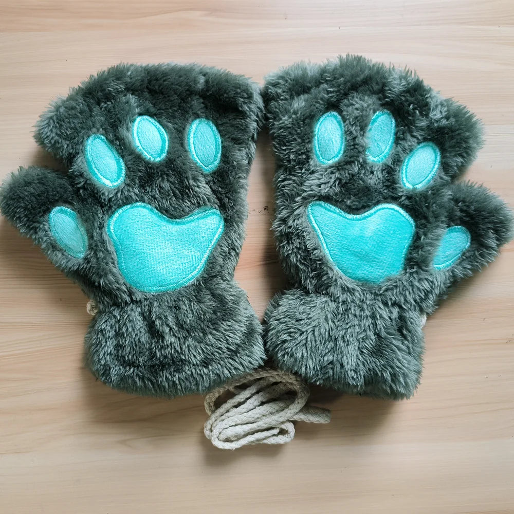 Lovely Plush Cat Claw Paw Gloves Plush Mittens Warm Soft Plush Short Fingerless Fluffy Bear Gloves Costume Half Finger Gloves