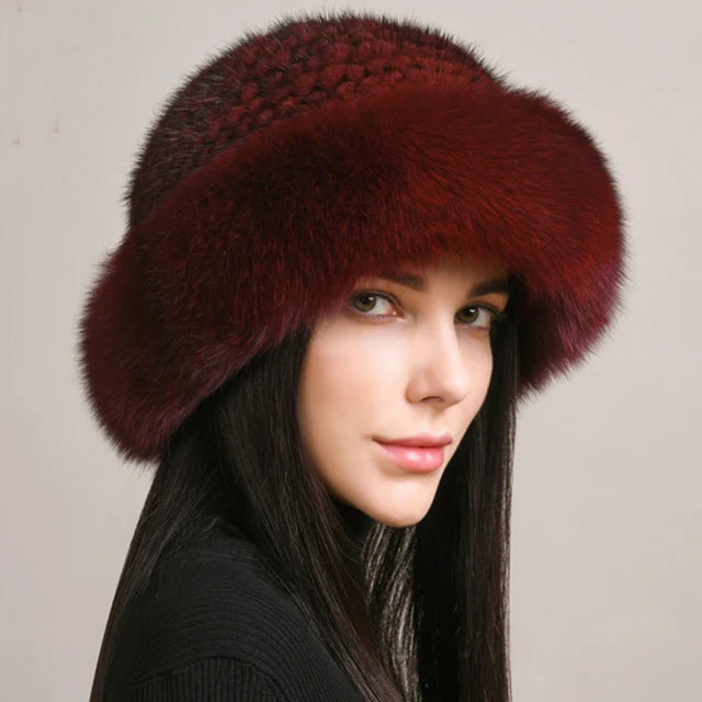 New Genuine Real Natural Knitted Mink Fur Hat Cap Luxury Women Handmade Knit Fashion Winter Headwear Warm Real Fox Fur Beanies