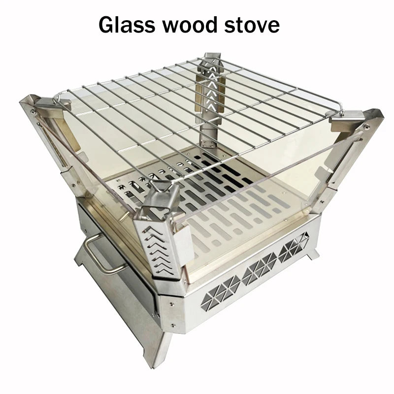 Outdoor Wood Burning Stove Camping Grill Glass Campfire Rack Portable Firewood Square Stove Wood Burner Wood Heater Travel Tools