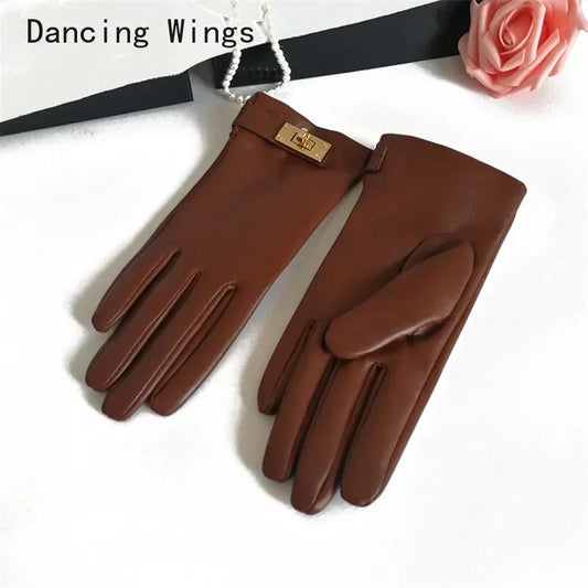 New Women's Ladies Real Leather Black Gloves Touch Screen Sheepskin Gloves With Lock Design